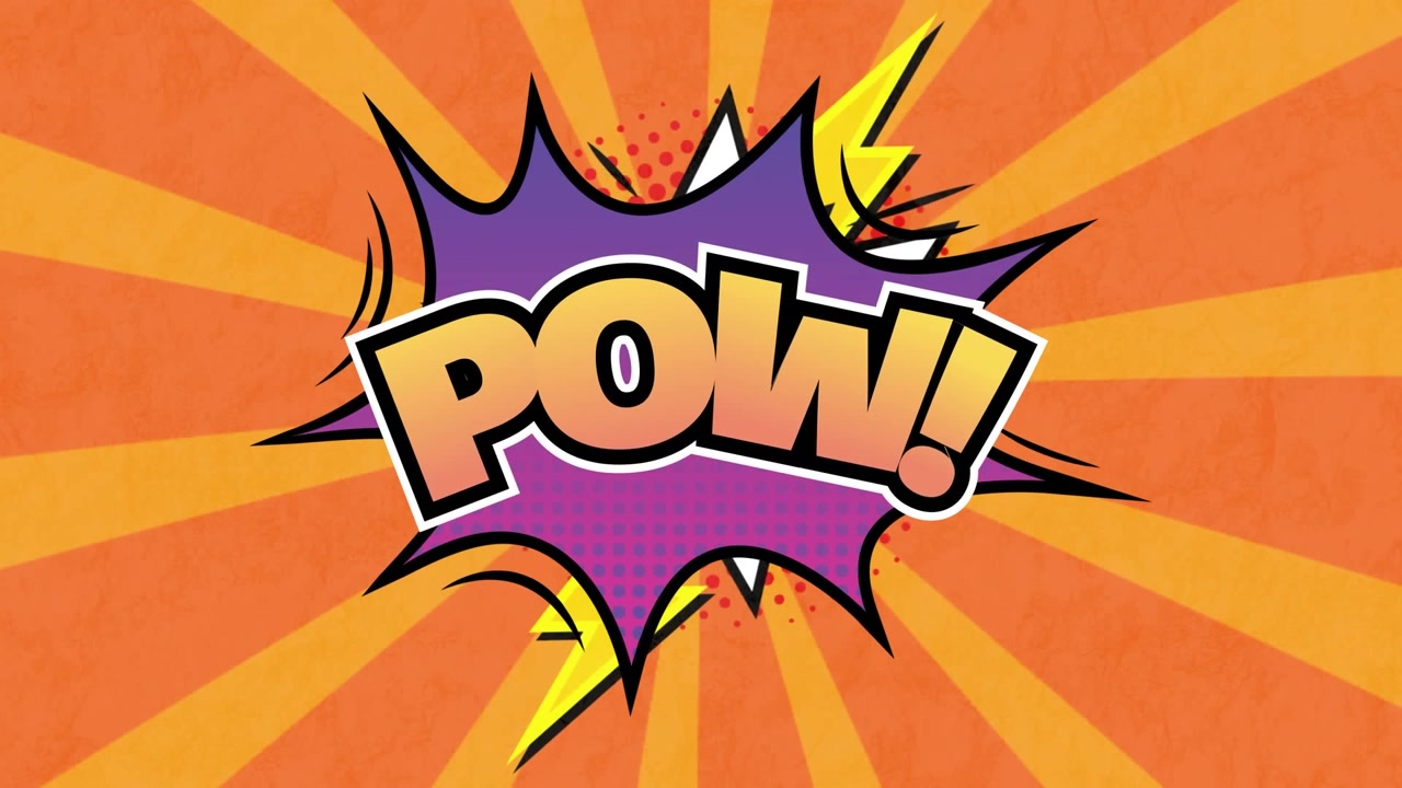 Animazione del testo 'pow' su una nuvoletta di dialogo retrò su uno sfondo radiale arancione.