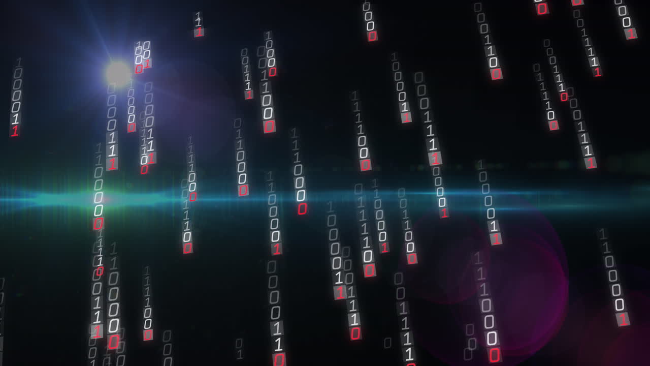 Animation of binary coding and data processing over black background