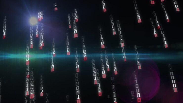 Animation of binary coding and data processing over black background