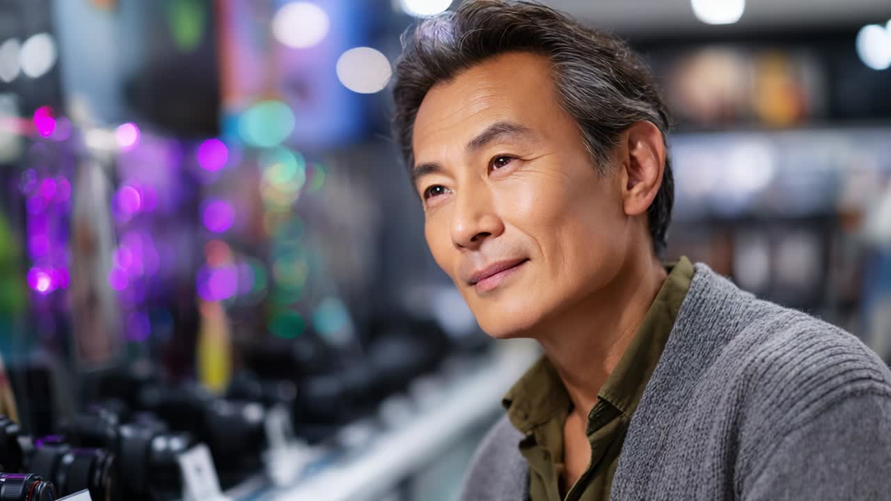 A thoughtful man in a cozy sweater contemplates his choices while gazing at a display of cameras in a vibrant store filled with colorful lights and modern photography equipment, showcasing his passion for photography