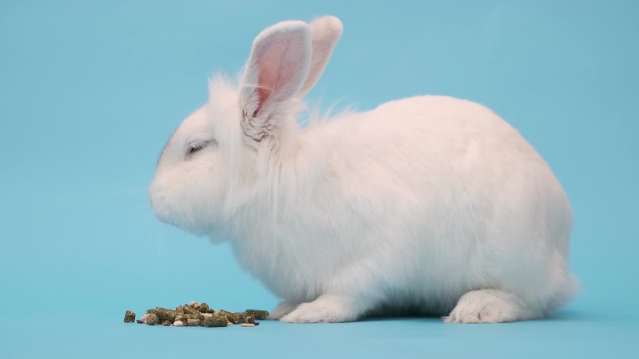 토끼는 즐거움으로 음식을 먹습니다. 파란색에  부활절 토끼