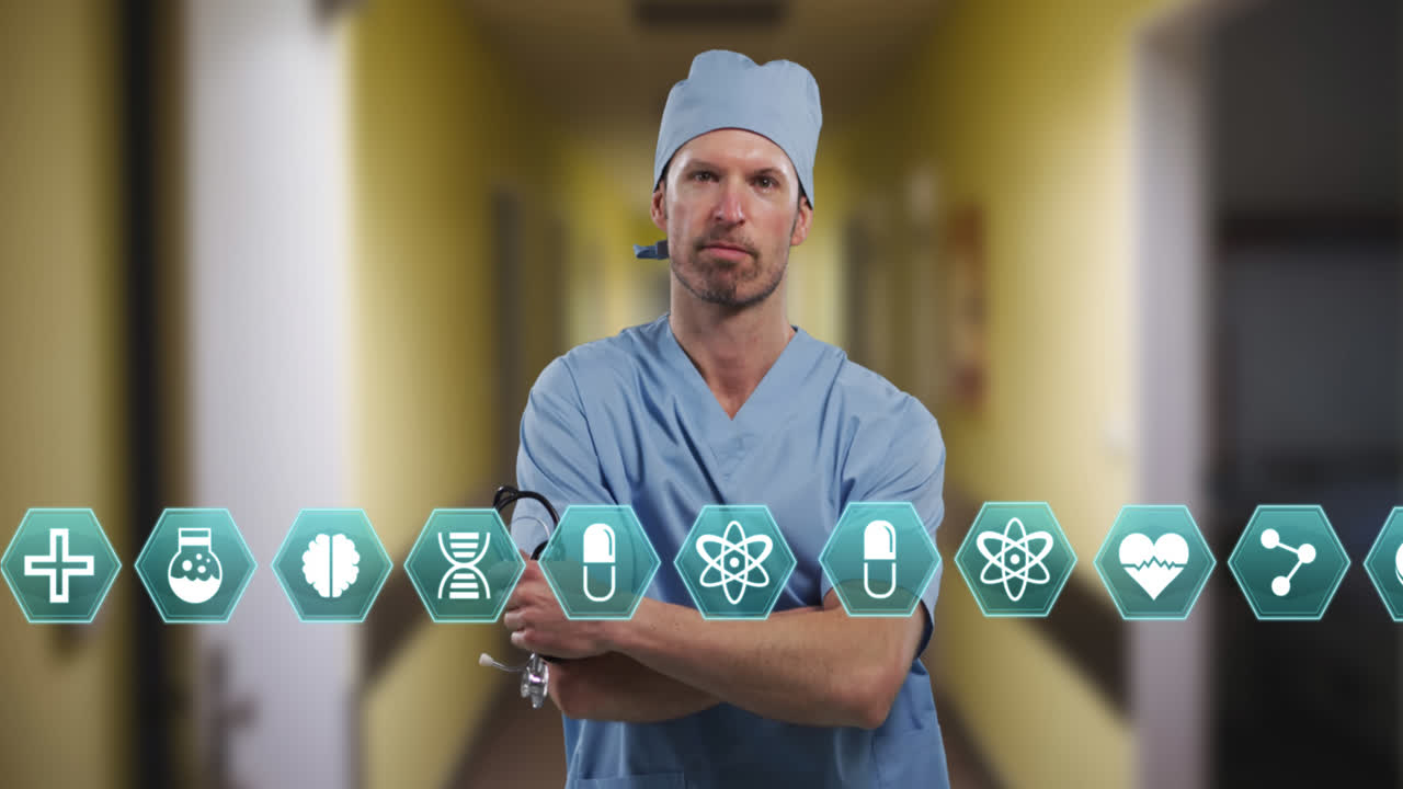 múltiples iconos médicos contra el retrato de un cirujano caucásico de pie con los brazos cruzados