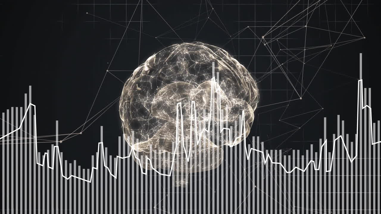 Animation of digital brain with data graphs and network connections in futuristic design