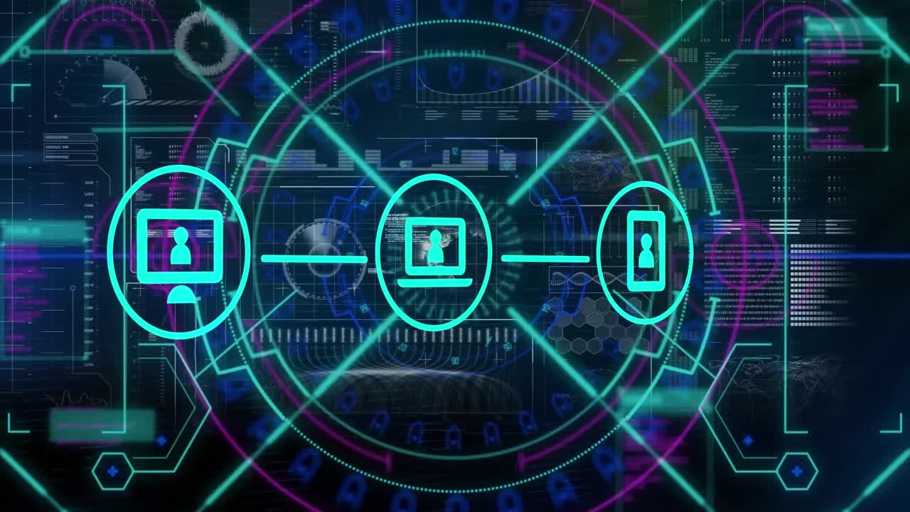 animación de iconos tecnológicos en una pantalla digital