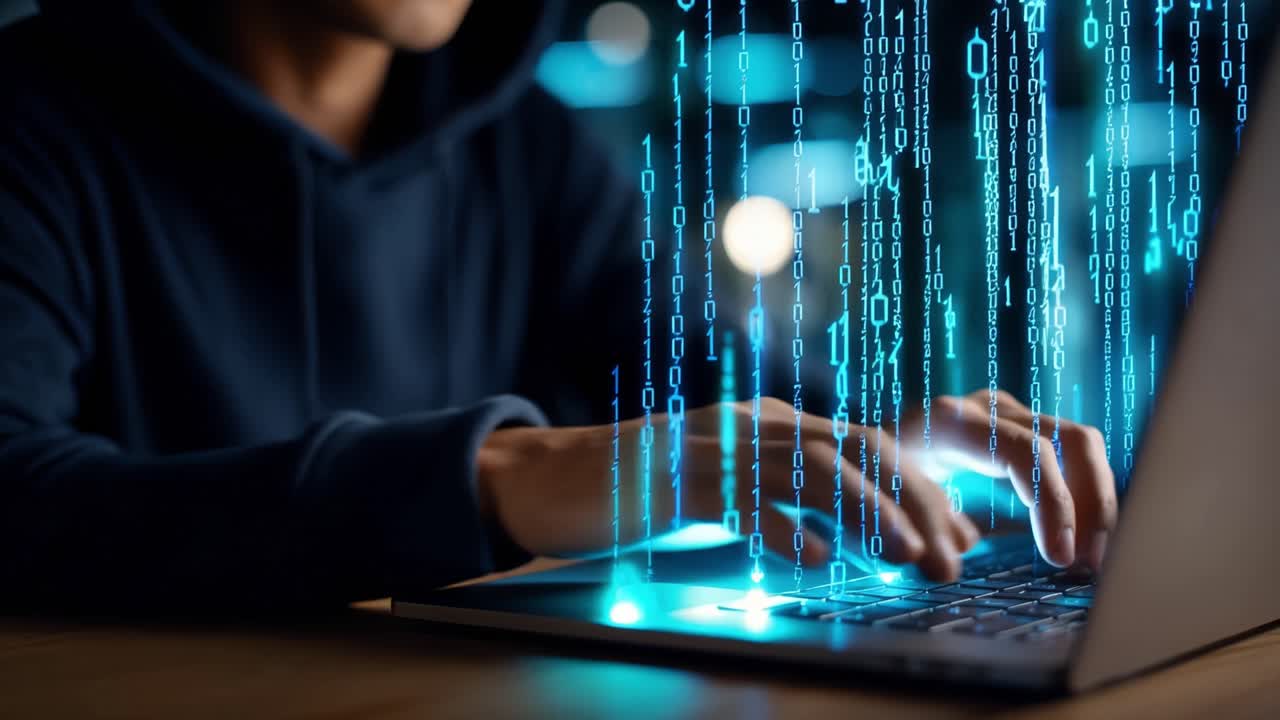 A focused individual wearing a hoodie is coding on a laptop, surrounded by a glowing digital interface filled with cascading binary code and data elements