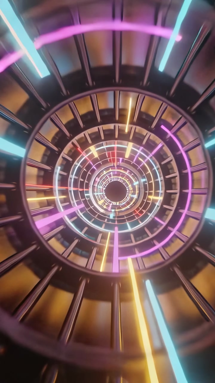 Vertical video: Camera moving through metal tunnel neon rings pulsing beams aiming to core for tech