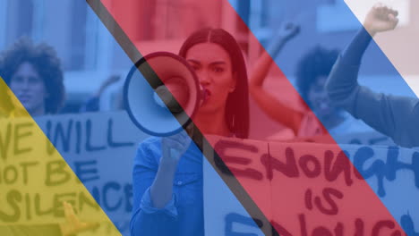 animación de la bandera de ucrania y rusia sobre una manifestante caucásica