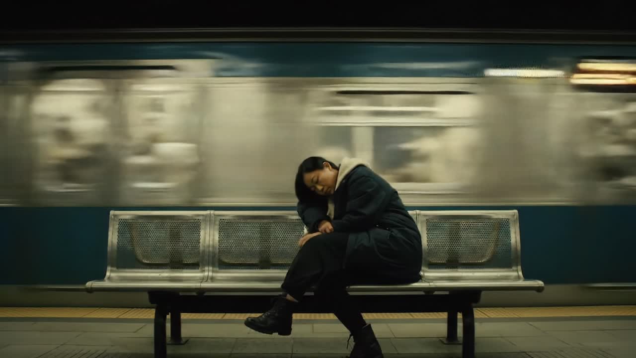 A Moment of Solitude: A Person Seated on a Subway Platform as a Train Whizzes By, Capturing the Essence of Urban Isolation and Fast-Paced Life
