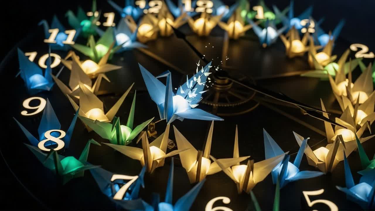 A Beautiful Clock with Colorful Origami Cranes Signifying Time Passing in a Whimsical Display of Light and Artistry