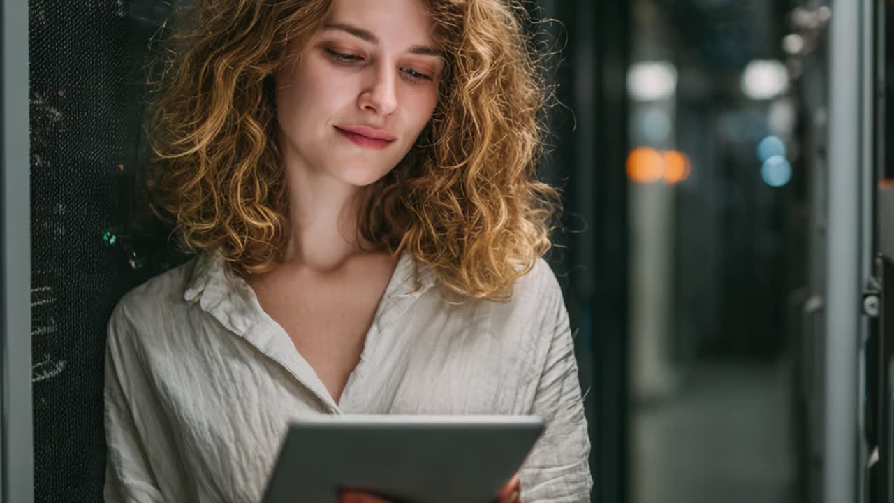 Engaged in Technology: A Woman Interacting with a Tablet in a Server Room, Reflecting on the Intersection of Human Intelligence and Digital Innovation