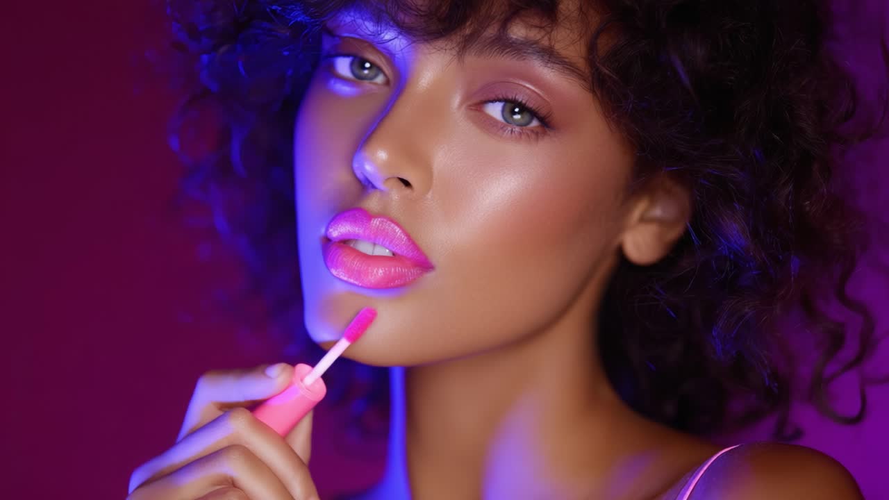 A Beautiful Woman Applying Vibrant Pink Lip Gloss Under Soft, Dramatic Lighting: Explore the Glamorous World of Makeup Artistry and Fashion Photography