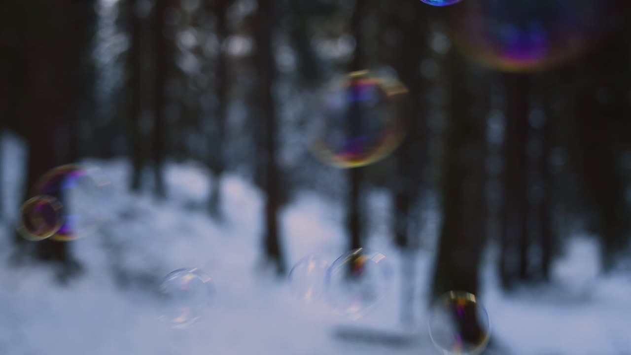 눈 덮인 숲을 배경으로 공중에 떠다니는 무지개 색깔의 비누 거품