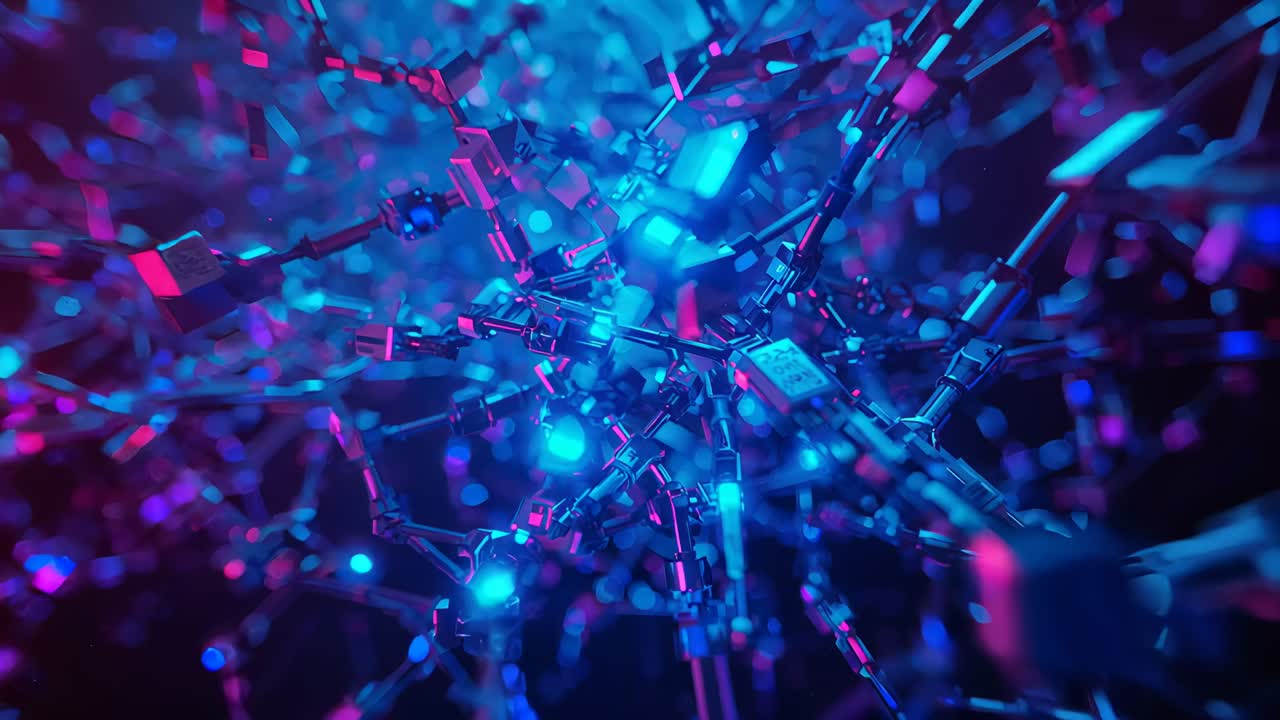 Initiating camera movement through glowing rods, cyan cubes in void, revealing polygonal tunnel