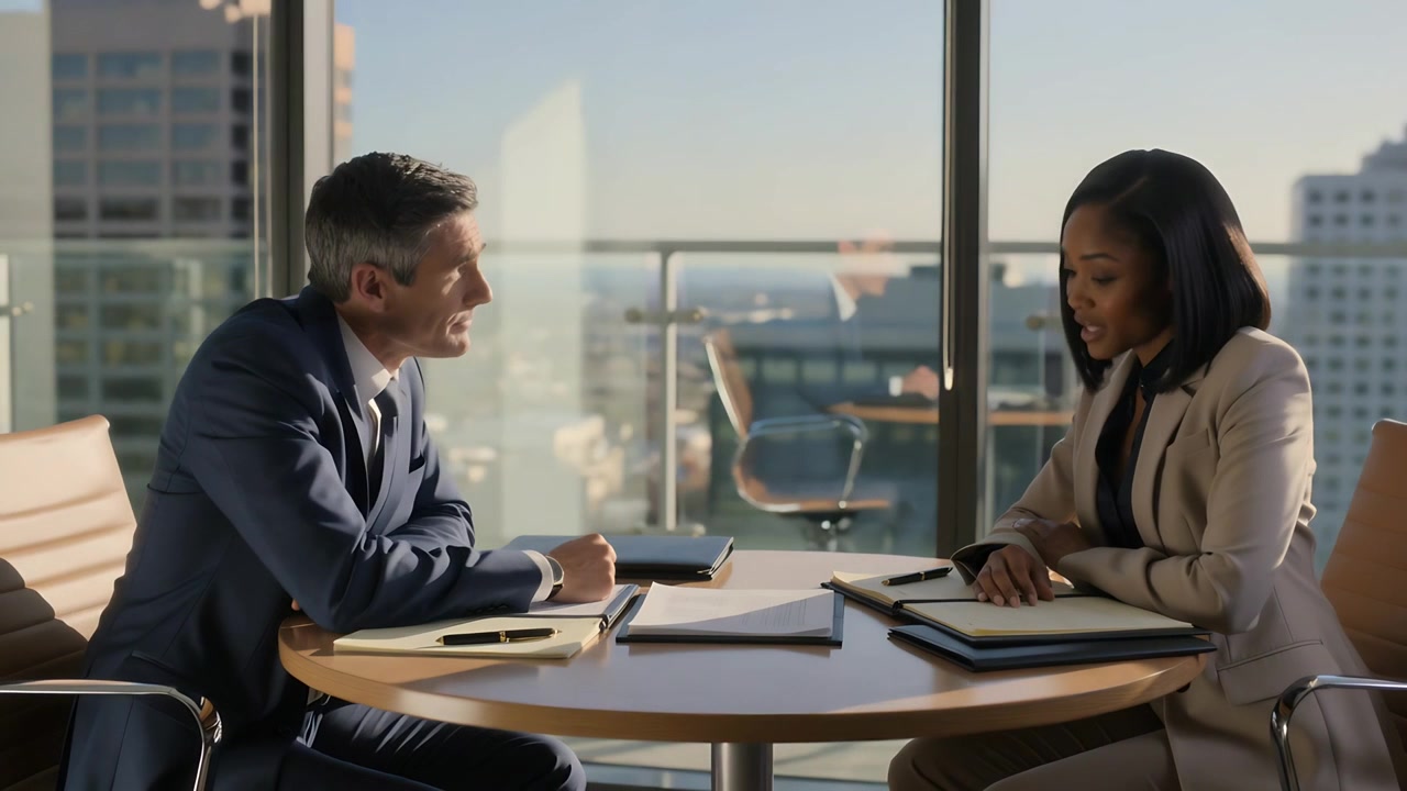 Pointing dark-suited man and light-suited woman discussing documents at round table by windows