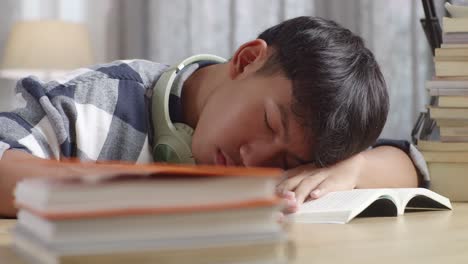 teenager sleeping at desk with books