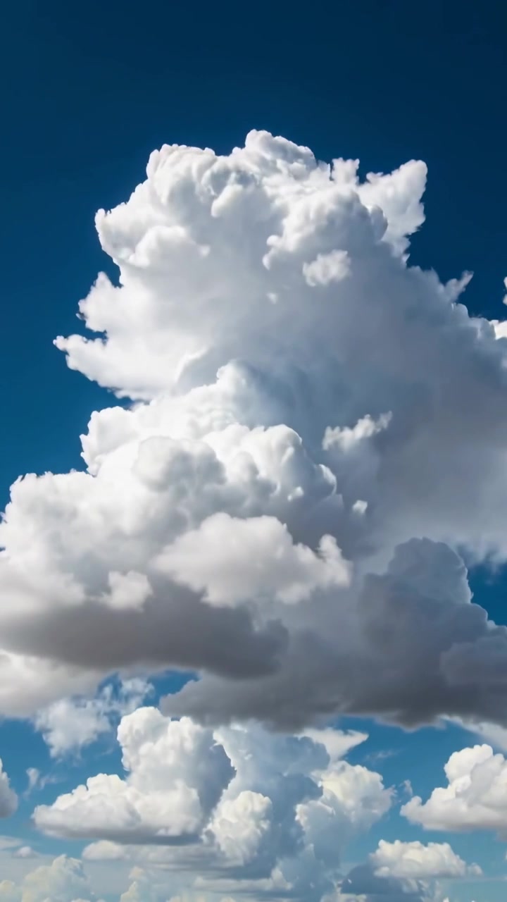 Vertical video: Rising tall cumulus fed by warm air in deep blue sky, showing small sunlit puffs