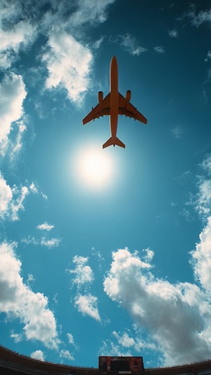 Un aereo in volo ad alta quota sagomato contro un sole splendente e un cielo drammatico durante una giornata limpida, catturato dal basso in uno spazio aereo aperto