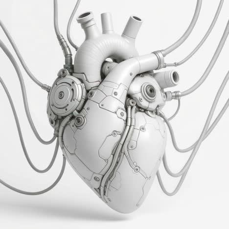 futuristic mechanical heart with wires, captured from a front angle