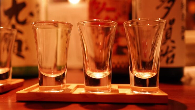 Bicchieri da sake che vengono riempiti su un supporto di legno