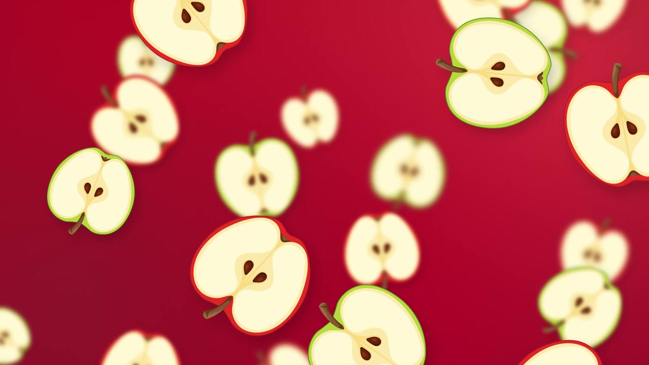 Stylized red and green apple halves fall continuously against a bright red backdrop.
