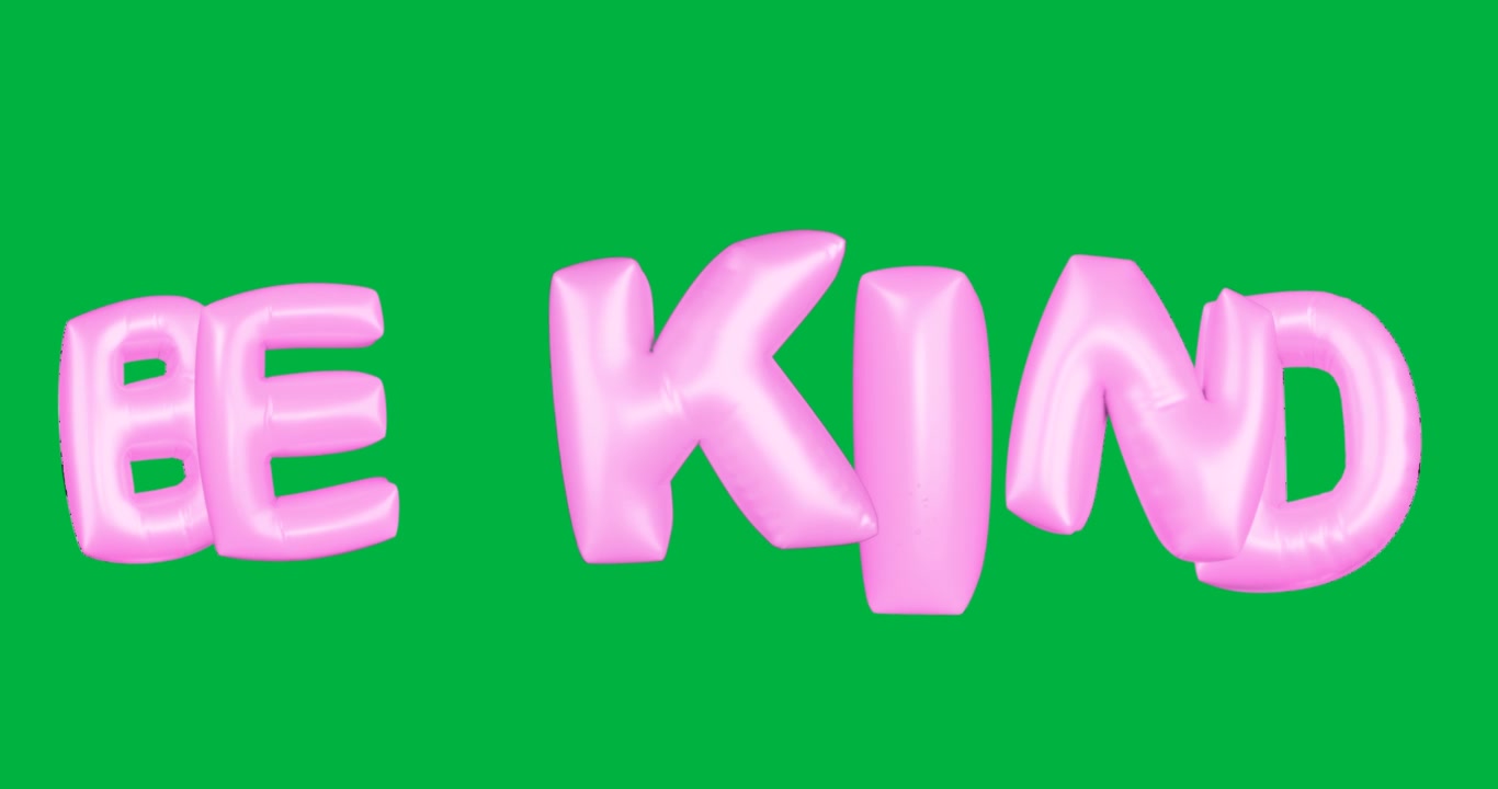 Lettere 3D rosa che oscillano e ruotano, formando "EE KIND", con branding a scintille pulsanti in uno spazio trasparente