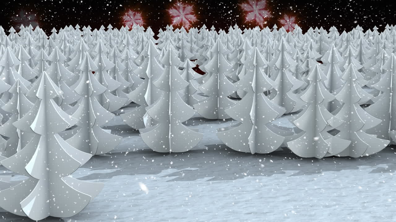 검은 배경의  ⁇ 은 눈송이에 맞서 겨울 풍경에 여러 나무에 눈이 내리고 있습니다.