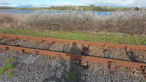 Shadow-of-cyclist-and-bike-on-railway-tracks-with-river-and-blossom-at-Waterford-Greenway-Ireland