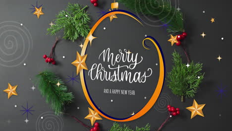 animación de feliz navidad y feliz año nuevo texto con decoraciones en fondo gris