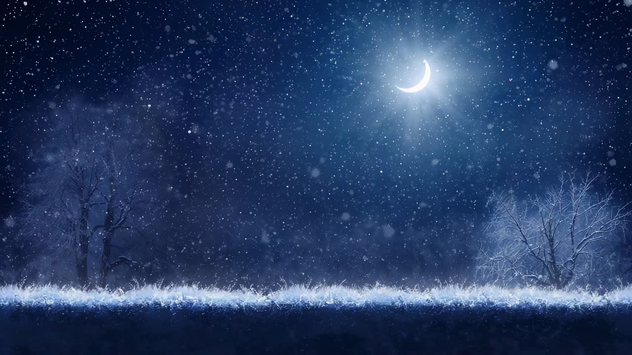 雪が降り始め、冷たい夜に霜が降りた草の上に光る光輪を伴った三日月、雪片が舞い落ちる。