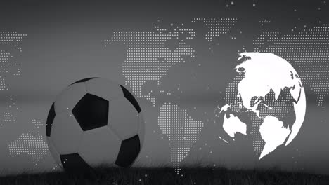 animation of football ball over world map and globe