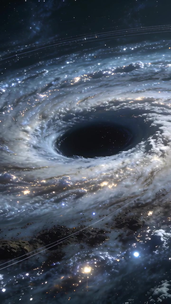 Vertical video: Spiraling accretion disk drawing gas inward under gravity, showing dark void center