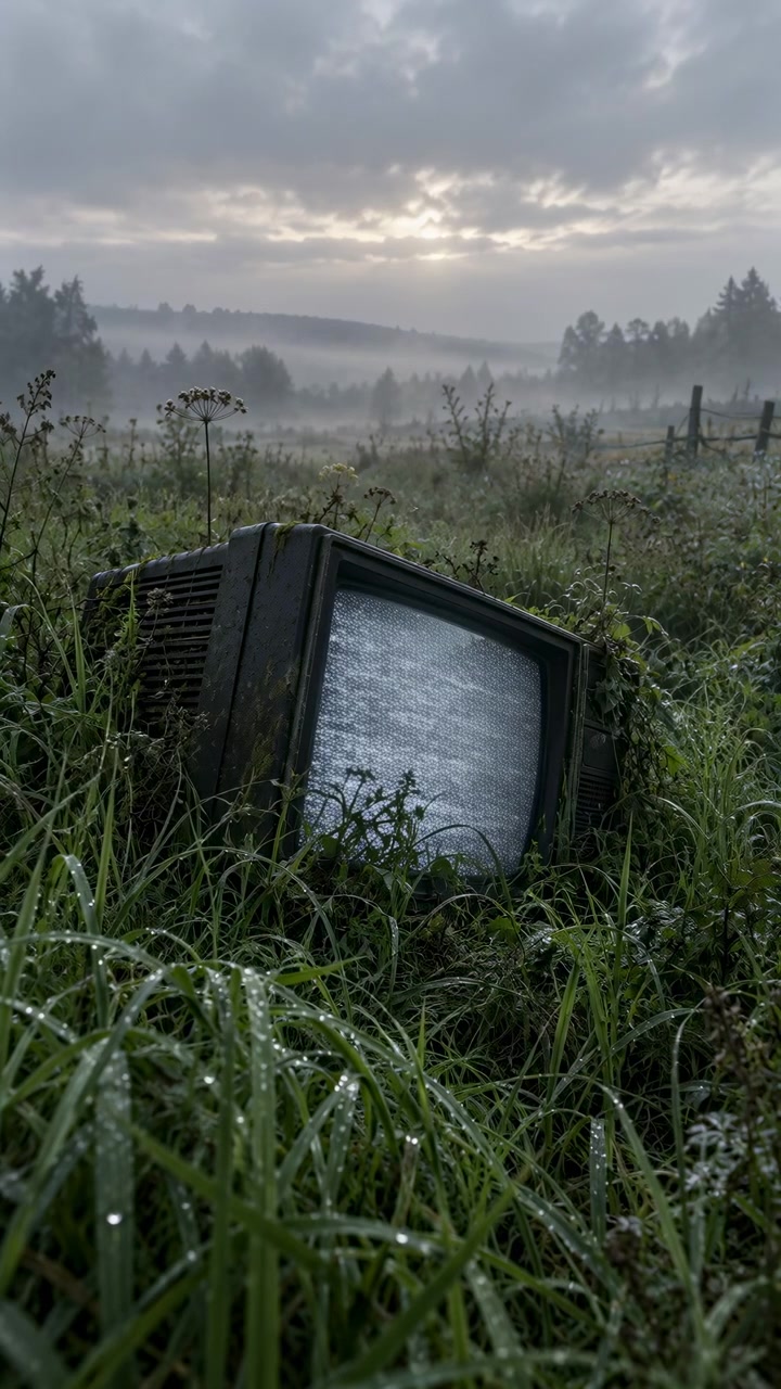 Bright static vanishes from a weathered box television lying among wet green plants, leaving its screen dark as fog hangs across the field beneath layered clouds and muted horizon light.