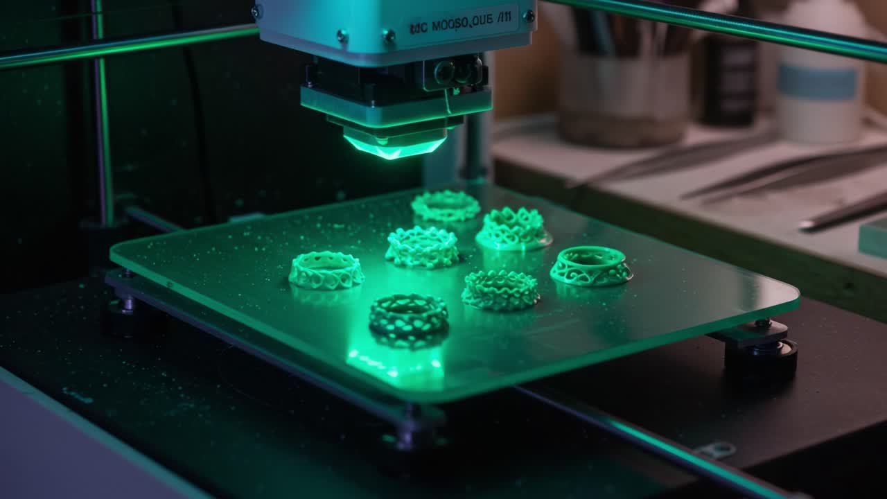 Innovative 3D Printing Process Captured in Action: A close-up glimpse of intricate ring designs being crafted with precision under vibrant green lighting