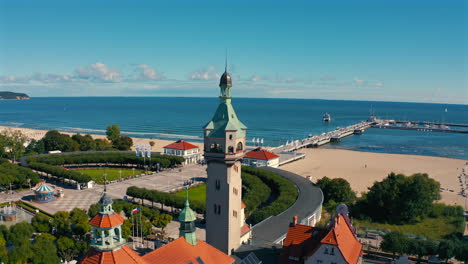 drone view of city center of sopot in poland towards the baltic sea and pier