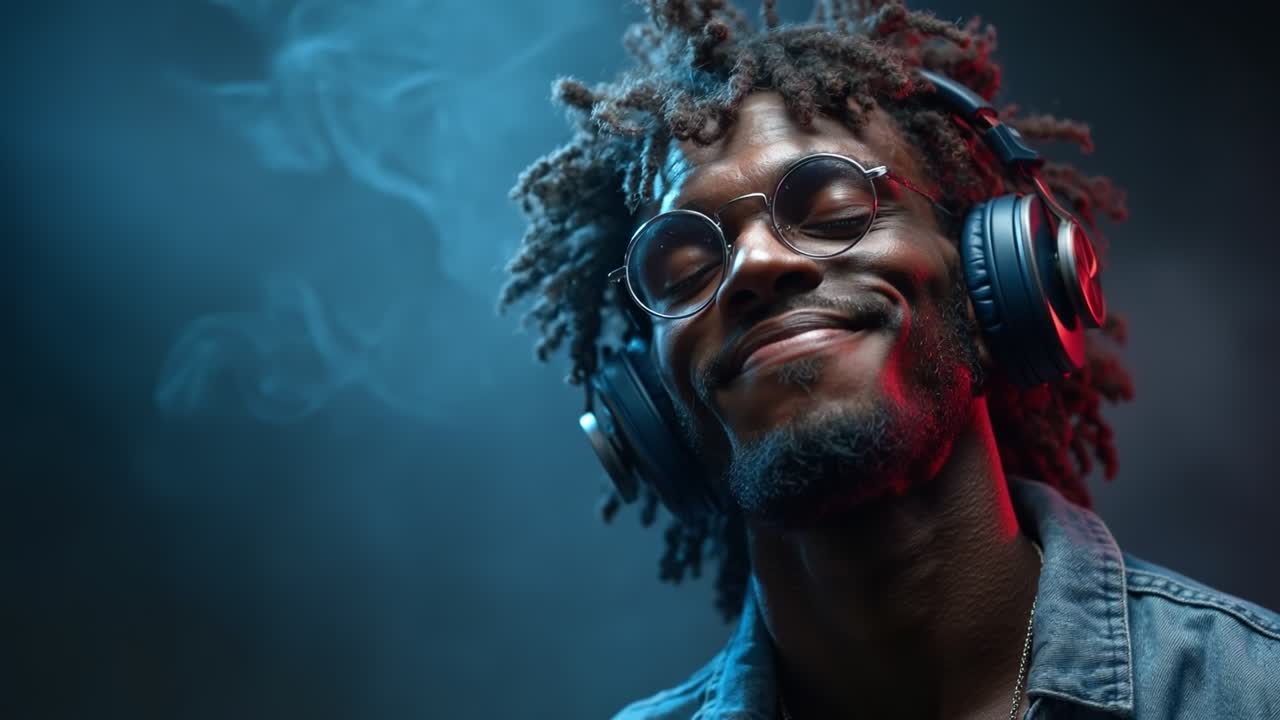 Giovane uomo con le cuffie che ascolta musica in un'atmosfera colorata di fumo neon blu e rosso.