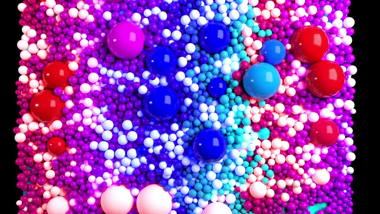 animación en bucle 3d con brillantes y hermosas esferas o bolas pequeñas y grandes como fondo de vacaciones abstractas. composición colorida de esferas coloridas