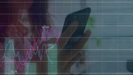 Animation-of-statistical-data-processing-over-asian-woman-talking-on-smartphone-at-office