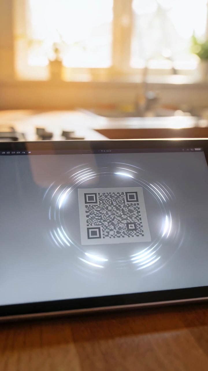 Vertical video: Pulling back camera, tablet showing QR code rings on wooden counter for scanning