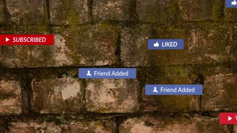 Animation-Von-Social-Media-Symbolen-Und-Datenverarbeitung-über-Einer-Ziegelwand