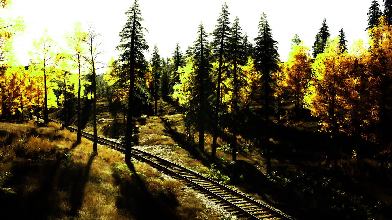Vibrant autumn forest with railway tracks winding through golden trees