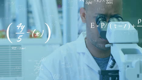 animation of mathematical equations over biracial male scientist using microscope