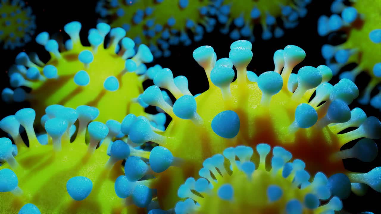 코로나19 (h1n1), 조류 독감 또는 돼지 독감이 액체에서 부드럽게 움직이는 바이러스의 3d 표현, 미생물학적 현미경 루프 배경으로 파란색 노란색 그라디언트 색상