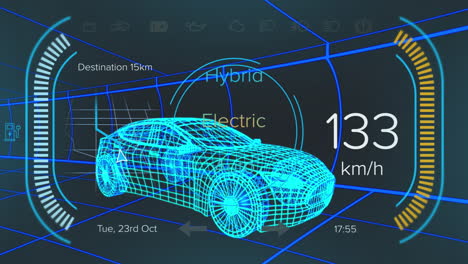 animación de la interfaz del coche sobre el modelo digital del coche sobre fondo negro