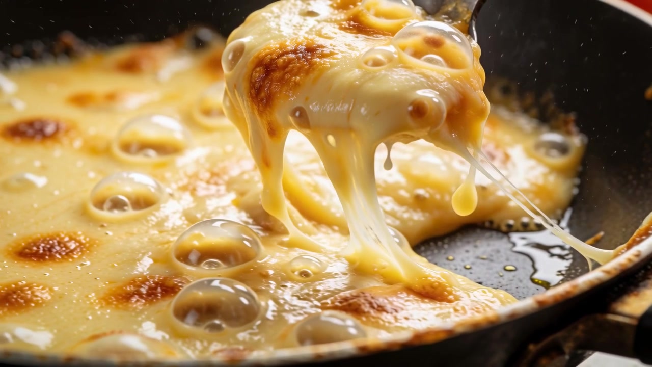 Facendo scivolare una spatola di metallo sotto il formaggio, sollevando il formaggio fuso per testarne l'elasticità su una padella antiaderente da cucina.