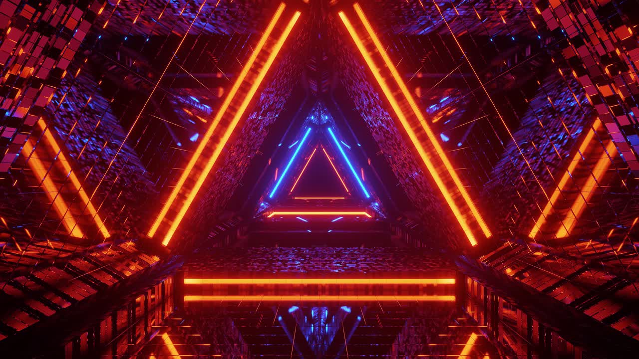 viaje hacia adelante, túnel triangular iluminado azul y rojo brillante 3d