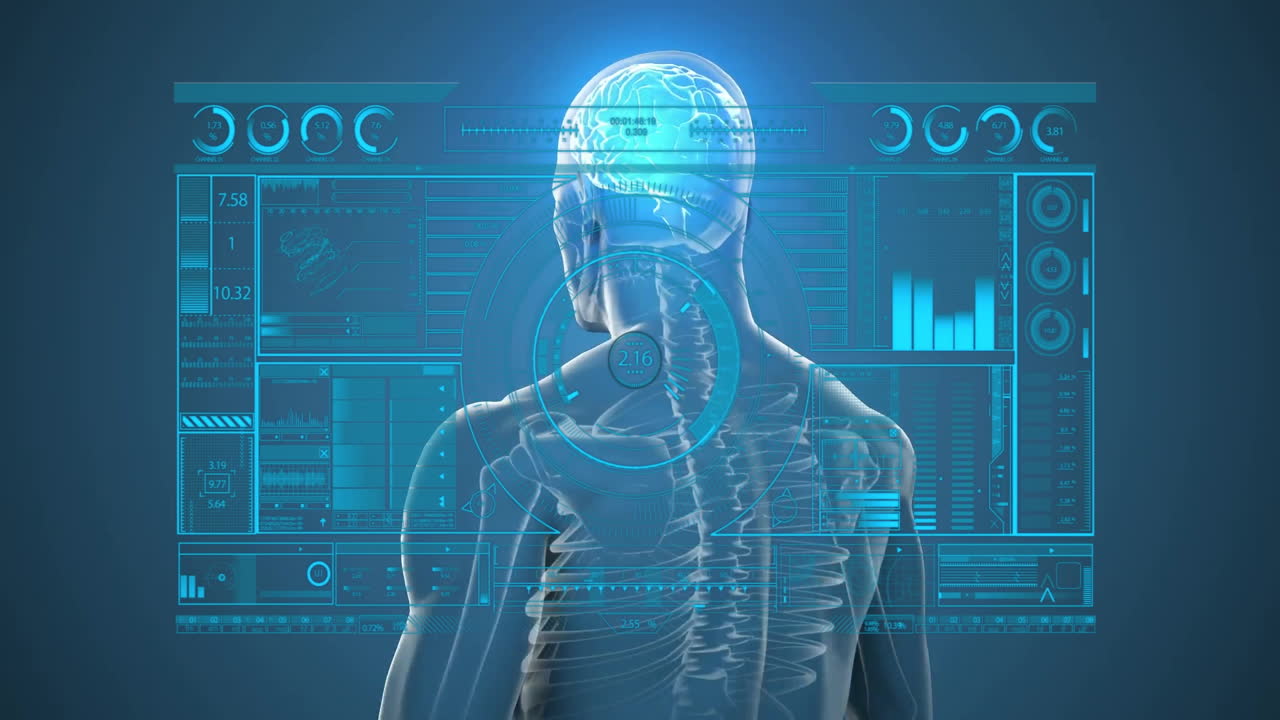 Animation of human anatomy and brain activity analysis on futuristic digital interface