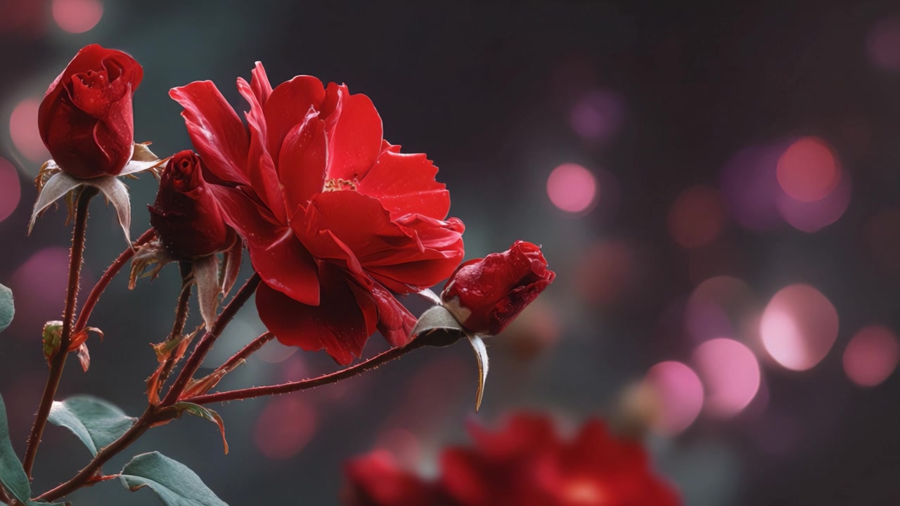 Splendido primo piano di vivaci rose rosse con uno sfondo sfocato (bokeh) morbido che evidenzia la bellezza e l'eleganza della natura nella fotografia floreale.