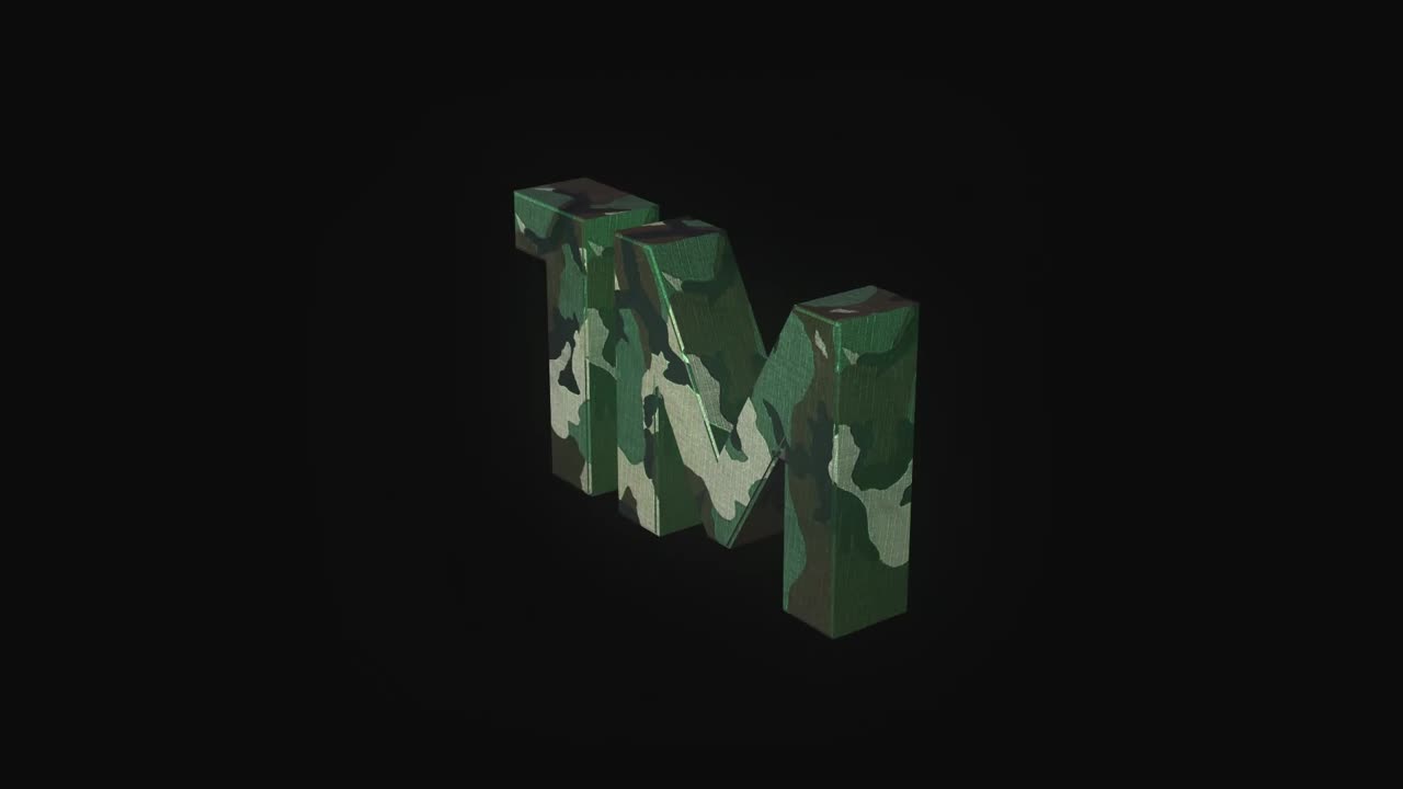Lettere animate 3D mimetiche che ruotano su sfondo nero.