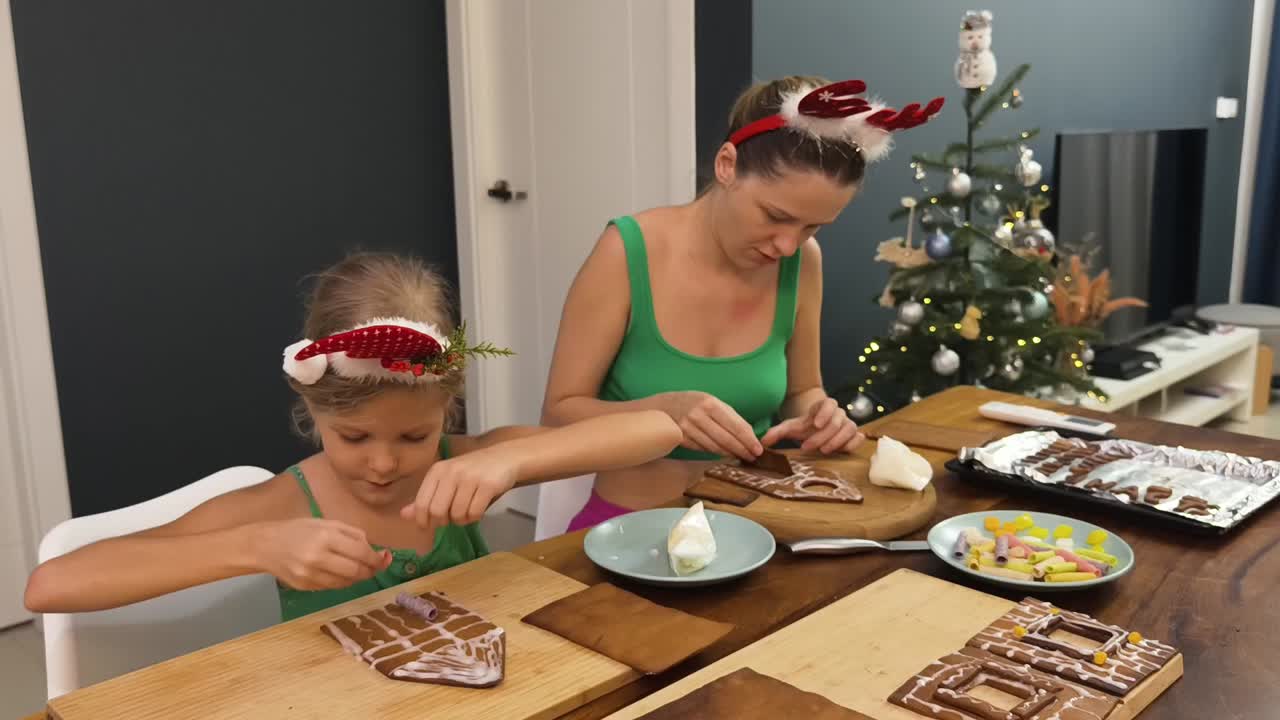 familia decorando casas de pan de jengibre para navidad
