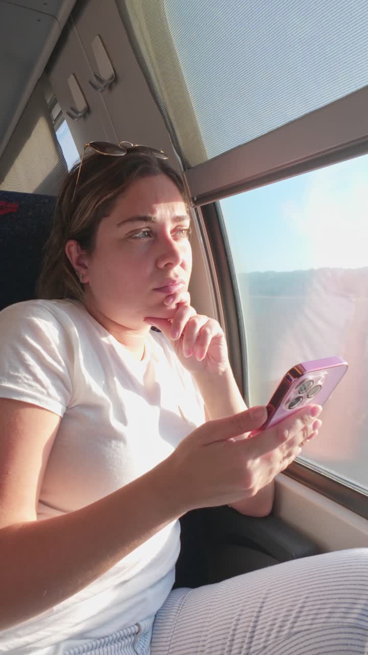 Young Woman in a Pensive Mood While Traveling by Train